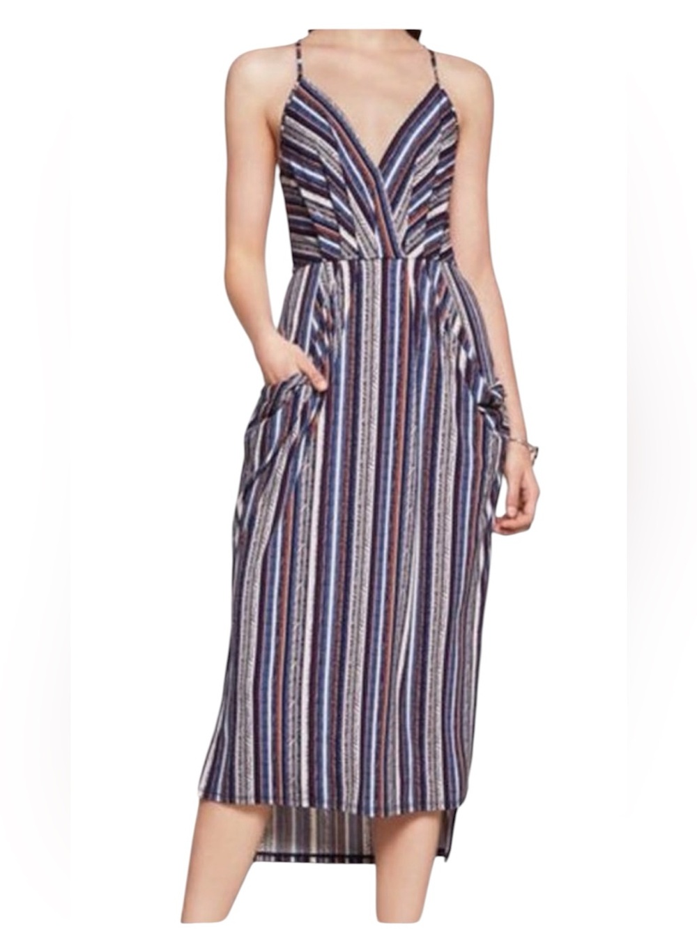BCBGeneration Striped V-Neck High Low Dress Blue Rust Boho Midi M